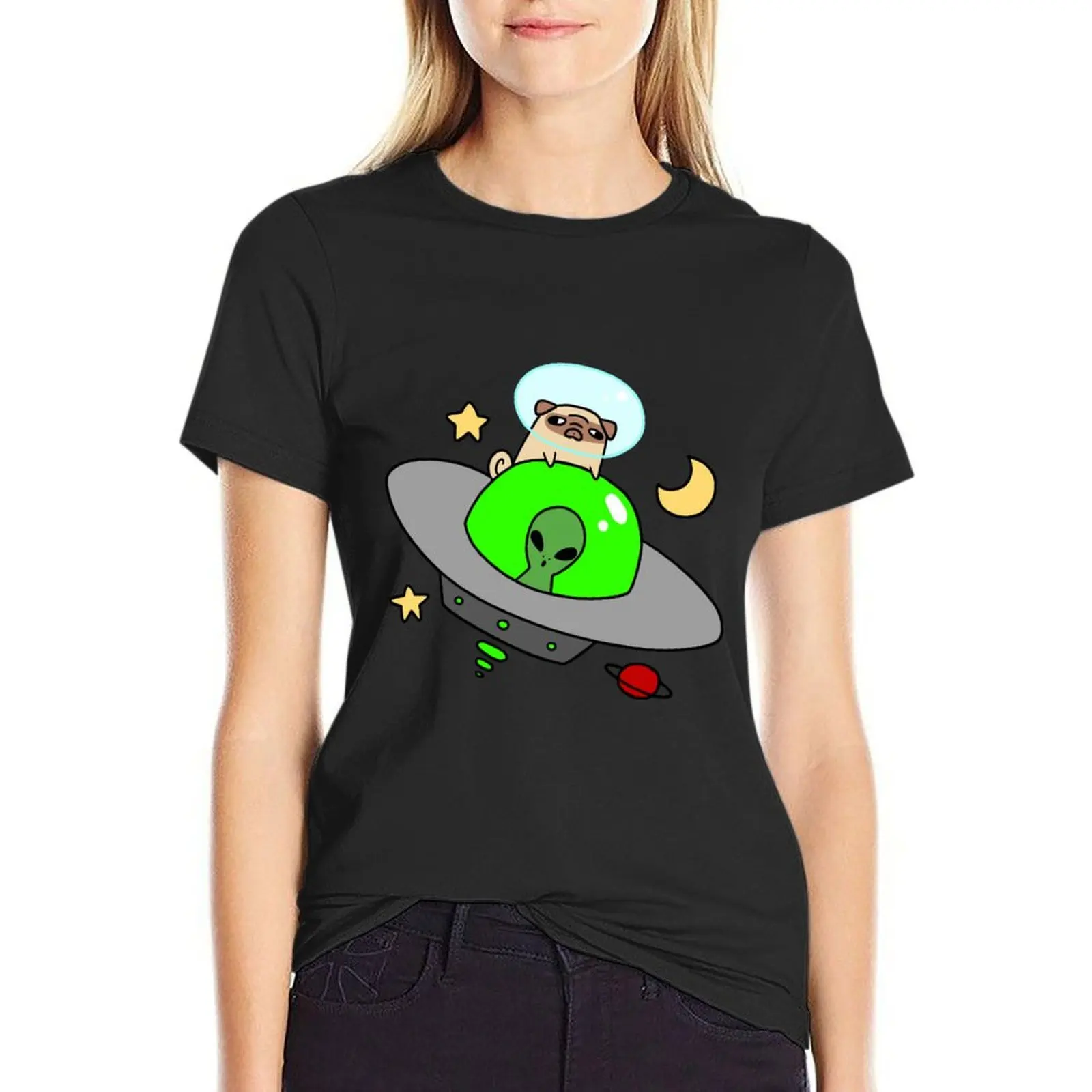 

Space Pug Riding a UFO T-shirt female Blouse Female clothing black t-shirts for Women