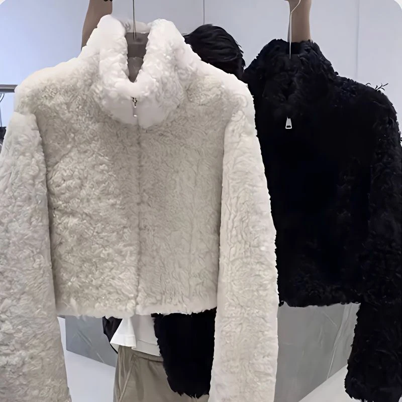 

Fleece Jacket Women Korean Fashion Lady Long Sleeves Beige Faux Fur Jacket High Street Fall Winter Coat Warm Female Top