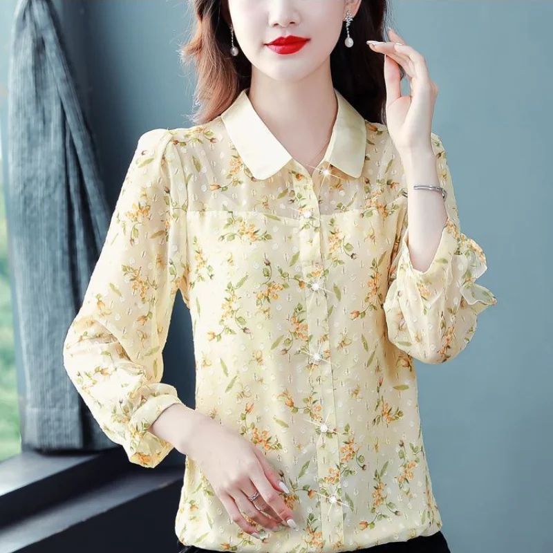 2024 New Spring and Autumn Korean Commuting Minimalist Fashion Versatile Chic Blouses Lapel Print Panel Button Women\'s Shirt Top