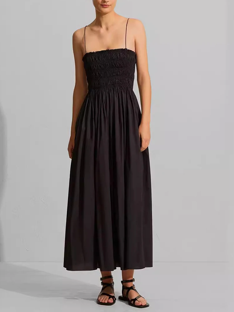 

Black Halter Sheath Womens dresses Temperament Elegant Pleated Decoration Stretch Slim Cotton Long Dress 2024 Summer New