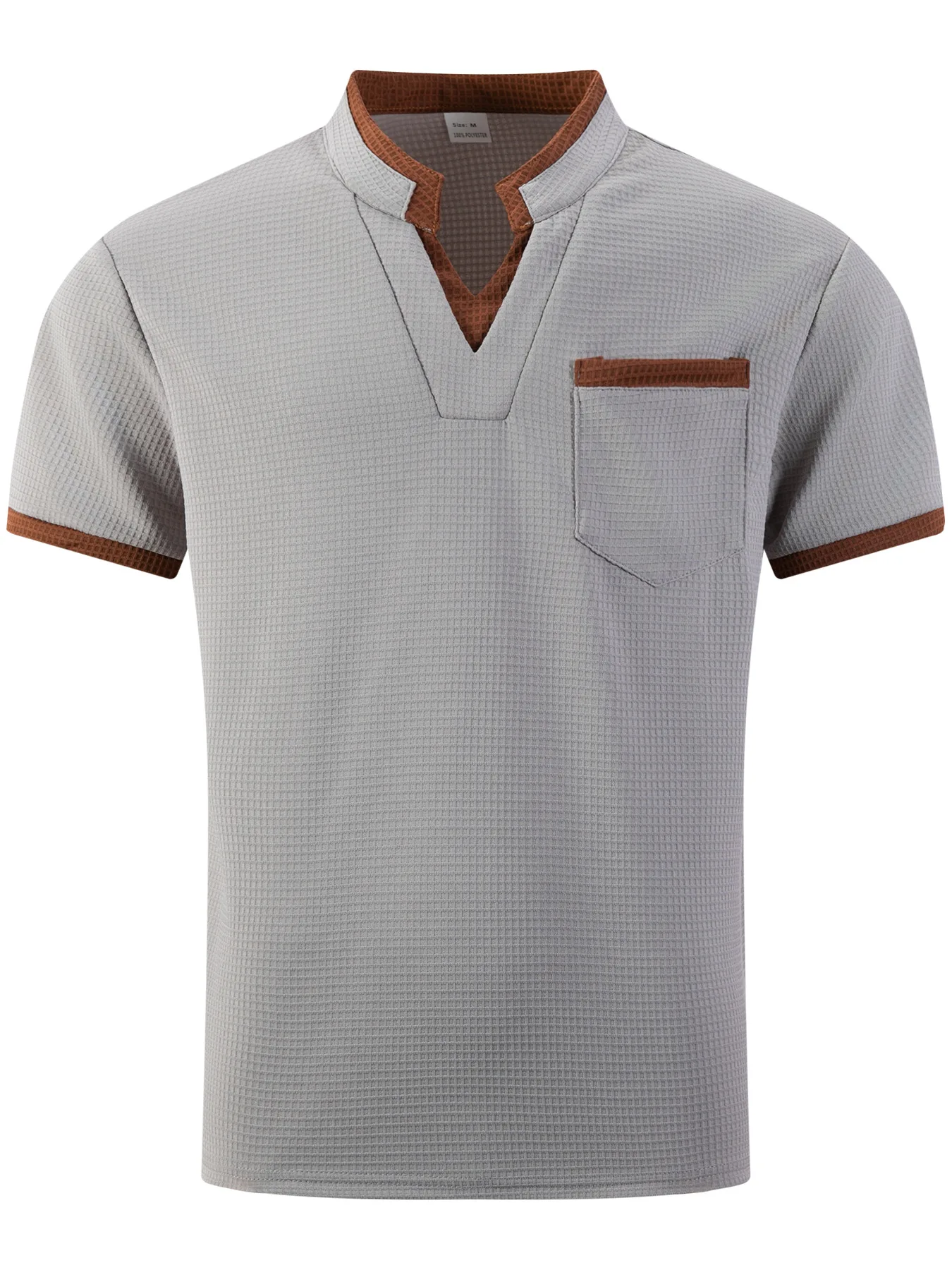 New men's breathable casual T-shirt with checkered fabric, color-matched V-neck short sleeves, fashionable and versatile pocket