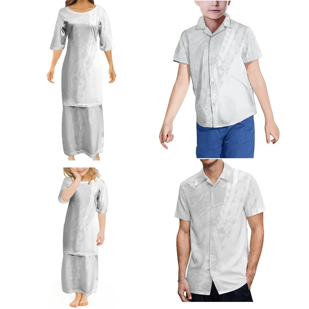 Mother'S Day Vestido Branco Mulheres Meninas Puletasi Suit Vestido Homens Meninos Camisa Polinésia Print Adulto Crianças Family Party Dress
