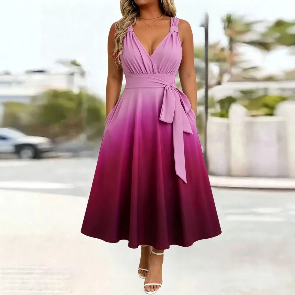 Sexy Deep V-necked Halter Women's Gradient Color A Line Wide Swinging Dress Summer New Fashion Elegant Party Dress With Pockets