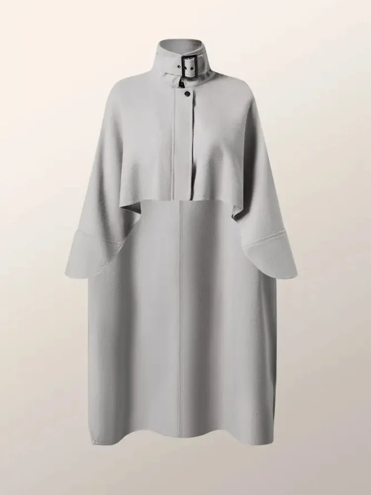 UOOZEE Dames Elegante Coltrui Cape Stijl Hoog-Laag Jassen Losse Effen Kleur Gesp Detail Mode Casual Kantoor Bovenkleding