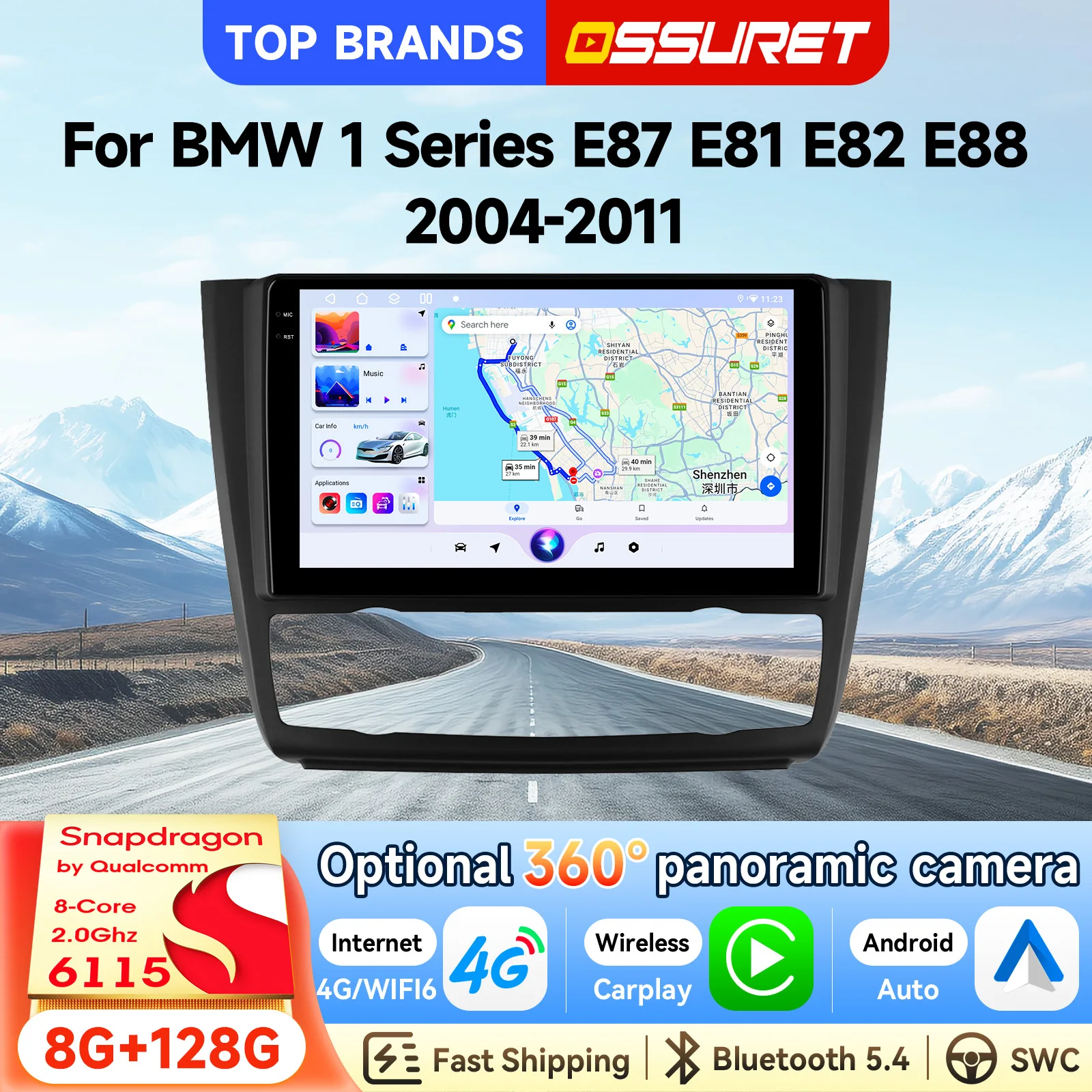 OSSURET 9'' 2Din Android 15 Autoradio con Navigazione GPS per BMW Serie 1 E87 E81 E82 E88 2004-2011, CarPlay Wireless, Android Auto Opzionale, 360 ° Autoradio Intelligente con Schermo, Lettore