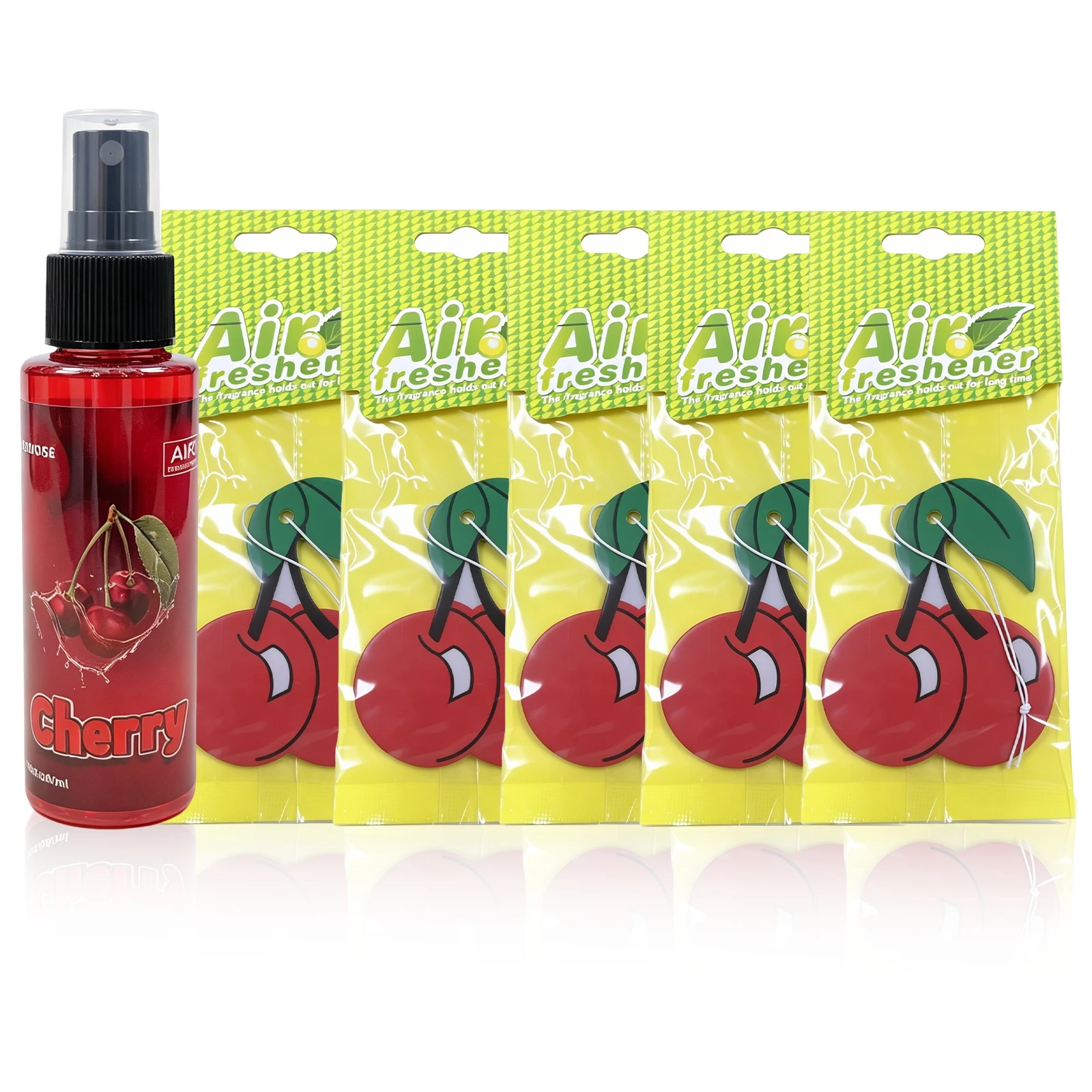 1+5 Cherry Scent Air Freshener Combo - 1 Spray Bottle + 5 Hanging Cherry Air Freshener Sheets, Long Lasting Fragrance for Car, H