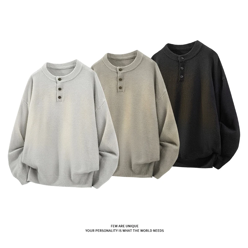

New Fashion Henry Collar Sweater Solid Color Retro Knitted Pullover for Men