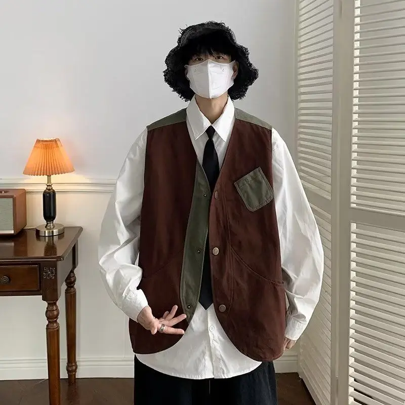 Vintage Hong Kong Style Color Block Workwear Vest Men Women Loose Sleeveless Jacket