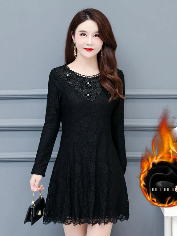 

Женская повседневная шерстяная одежда больших размеров на весну-осень с кружевом, скрывающая живот, высокого качества