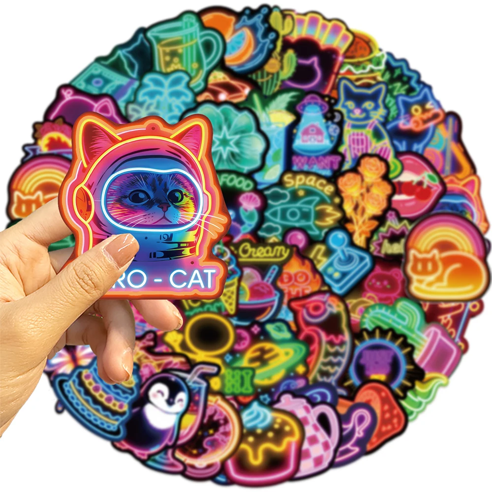 10/30/60pcs Cartoon Animal Food Neon Light Stickers Funny Graffiti Sticker Skateboard Phone Case Notebook Cute Decals Decoration