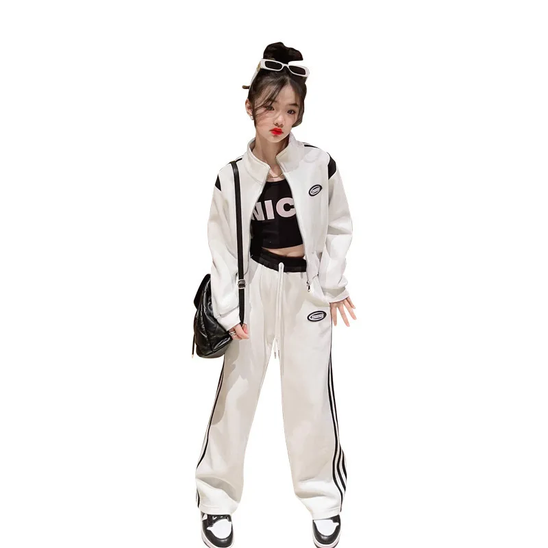 Autumn winter Kids Clothes Sets Teenager Girl crop top white fashion Hooded Jacket + straight striped pants Tracksuit Children