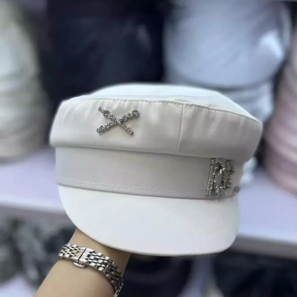 

Атласная кепка газетчика с прошитыми вручную кристаллами, восьмиугольная фуражка в стиле милитари, роскошная шляпа с вышивкой букв