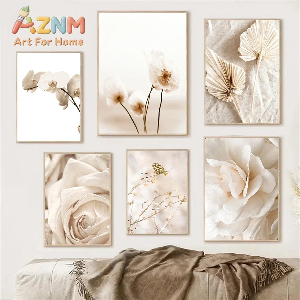 AZNM Beige Dried Flower Canvas Wall Art Neutral White Rose Reed Butterfly Sea View Boho Floral Art Print Unframed Canvas Poster
