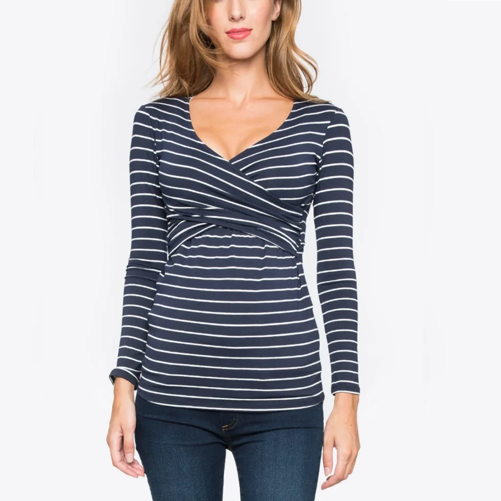 New Women\'s Striped Maternity Long Sleeve Solid Color Nursing Top T Shirt V Neck Fashion Casual Maternity Breastfeeding Top