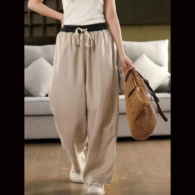 Spring Summer Style Women Elastic Waist Loose Length Pants All-matched Casual Cotton Linen Plaid Harem Pants High Quality B32