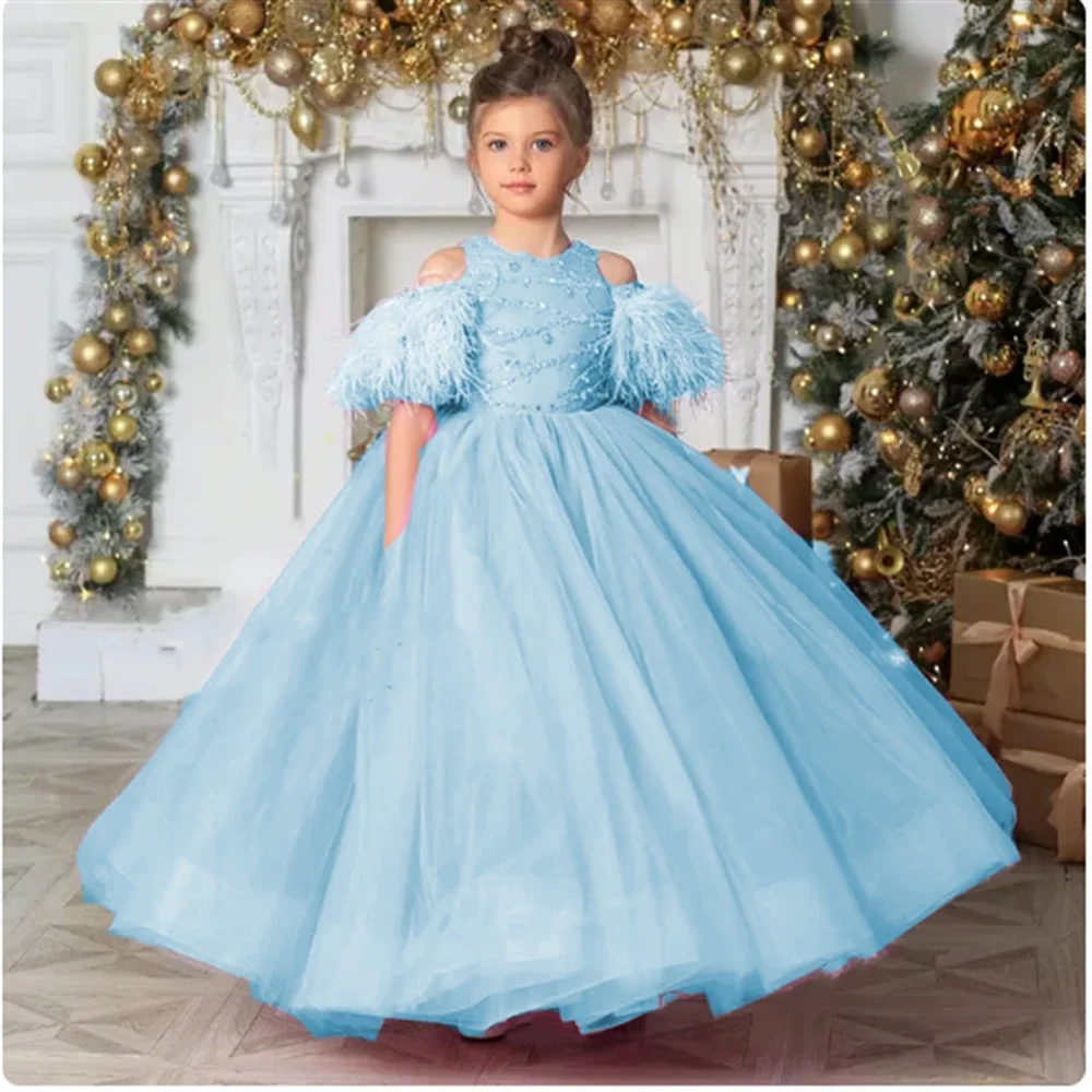 

light Blue Luxury Flower Girl Dress Beadding Feathers Baby Kids Princess Holiday Birthday Wedding Party First Communion Gown