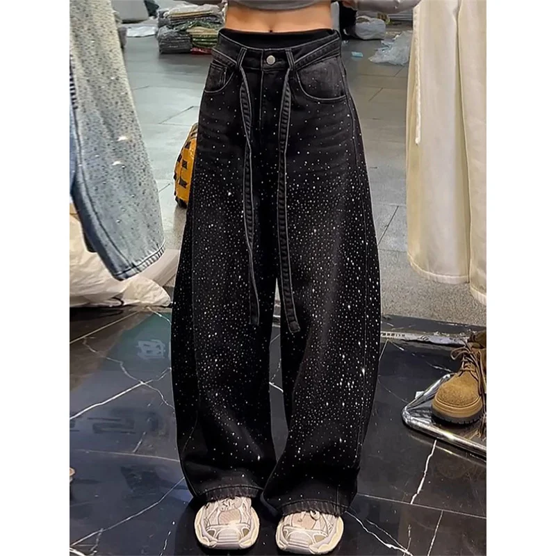 American Retro Starry Hot Diamond Splicing Jeans For Women Autumn Winter Fashion Loose BF Style Long Wide-leg Denim Pants