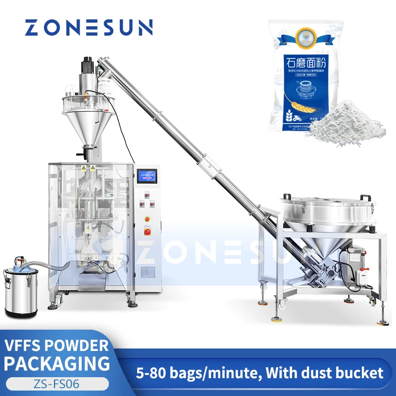เครื่องบรรจุภัณฑ์อัตโนมัติ ZONESUN ZS-FS06 แบบ VFFS พร้อมเครื่องบรรจุผงแบบ Auger สำหรับผงซักฟอกและผงฆ่าเชื้อ