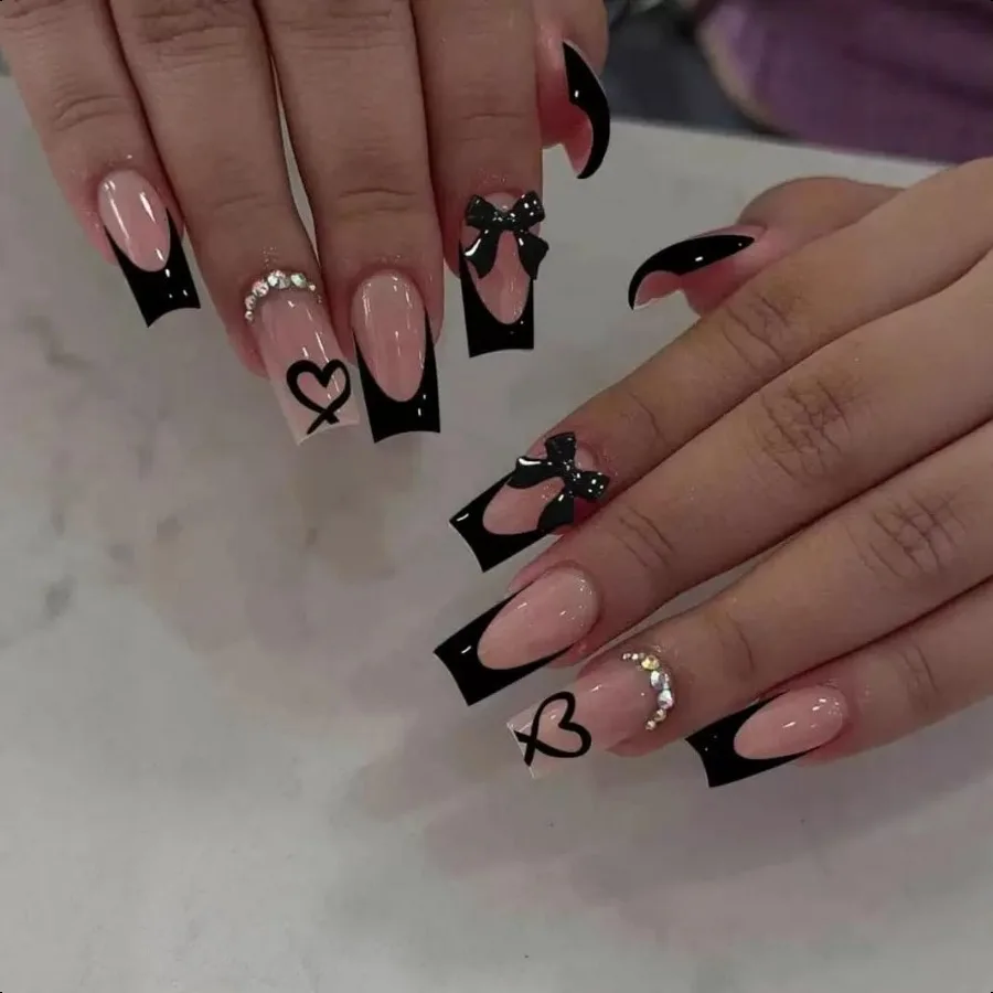 

Medium Pr on Nails Coffin Fake Nails Black French Tip False Nails with 3D Bow Charms Design Glue on Nails Heart Acrylic Nails R