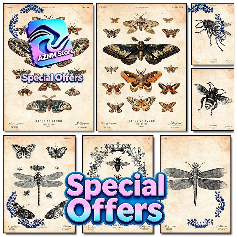 Vintage Nostalgic Theme Butterfly Natural Insects Stag Beetle Bee Moths Poster Canvas Printing Wall Pictures Living Room Deco