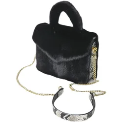 Luxo Whole Mink Leather Handbag Couro Cobra Design Cadeia Crossbody Bag Classic Soft Handle Furry Wrist Bag, Novo