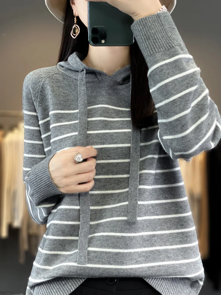 

New Striped Wool Hoodies And Sweatshirts For Women Long Sleeve Sweaters Knitted Jumpers Female Outerwears Fashion Hoody Clothing