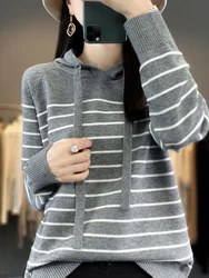 Novo listrado lã hoodies e moletons para mulheres blusas de manga longa malha jumpers feminino outerwears moda roupas com capuz