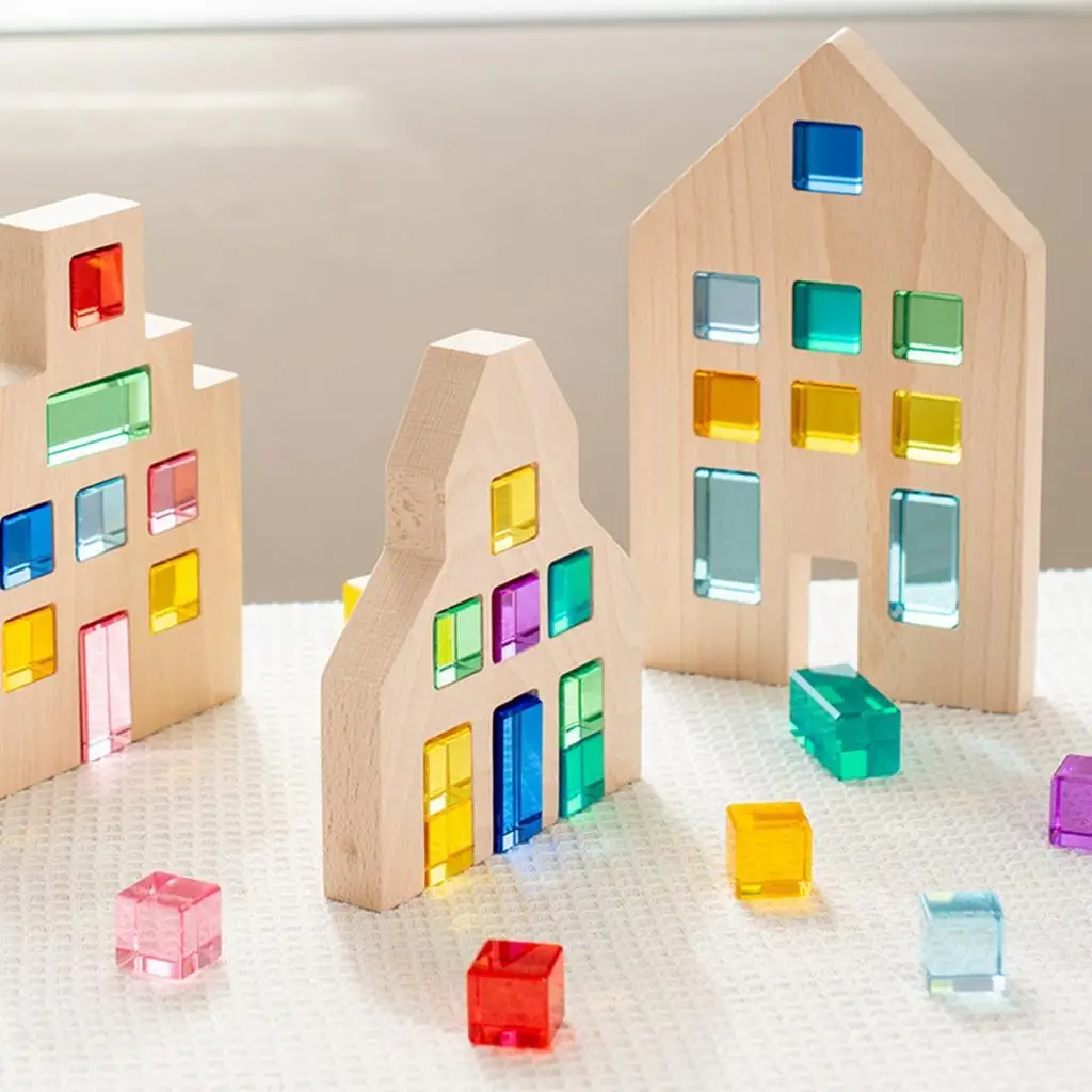 Montessori Toys Rainbow Acrylic Gemstone Cubes Building Blocks Set for Children Stacking Game Wooden Box Early Learning Color