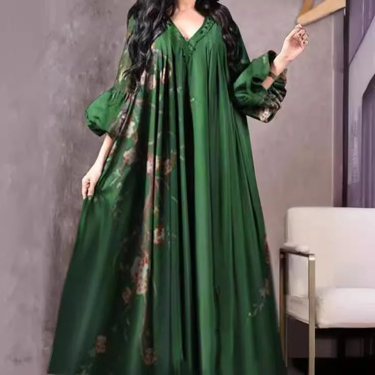 Elegant Vintage Abaya Green Loose Middle Eastern Robe Muslim Dress Women Turkish Printed Floral Evening Dresses V-neck for Women