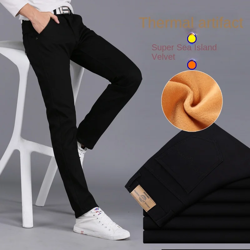 2024 Winter Men's Fleece Warm Casual Pants Business Office Thick Plaid Trousers Fashion Stretch Pants Male Clothing