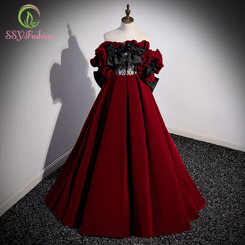 

SSYFashion Wine Red Velour Evening Dress for Women Banquet Elegant A-line Lace Bow Party Formal Gowns Vestido De Festa