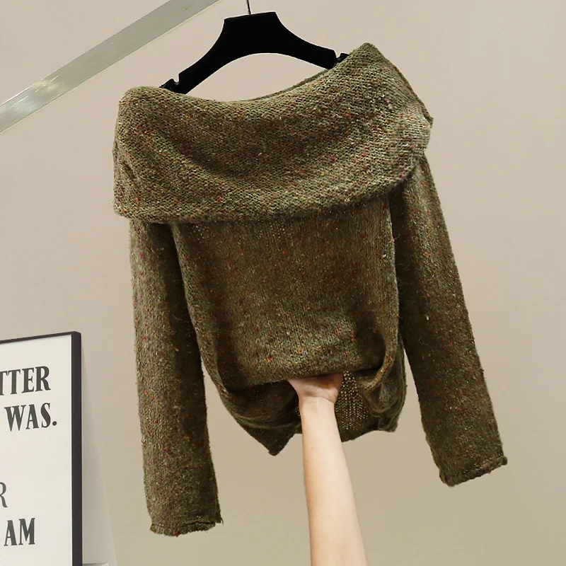 

Модный плотный свитер с открытыми плечами и длинными рукавами, свободный крой, индивидуальный дизайн, женский трендовый пуловер, вязаная одежда для осени и зимы