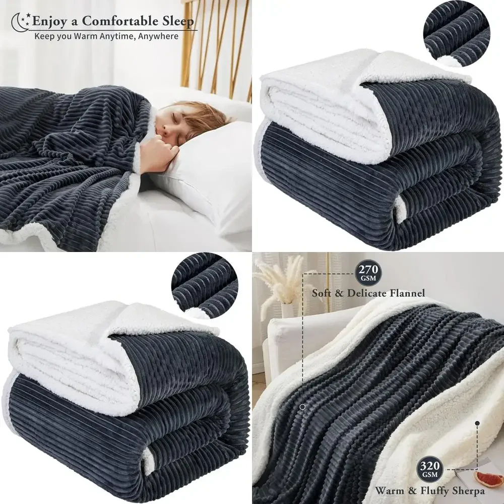 

Плед из шерпа с двойными полосками, мягкий плюшевый уютный пушистый велюровый двусторонний плед из микрофибры - темно-серый