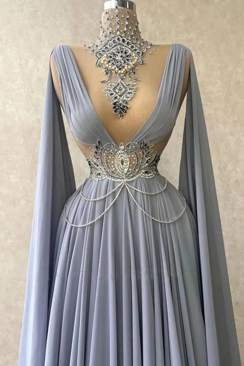 Blue A Line Chiffon Evening Dress Muslim Beaded Sequined Pearl Backless Ruffle Crystal Cap Sleeve Formal Party Prom Gown Vestido