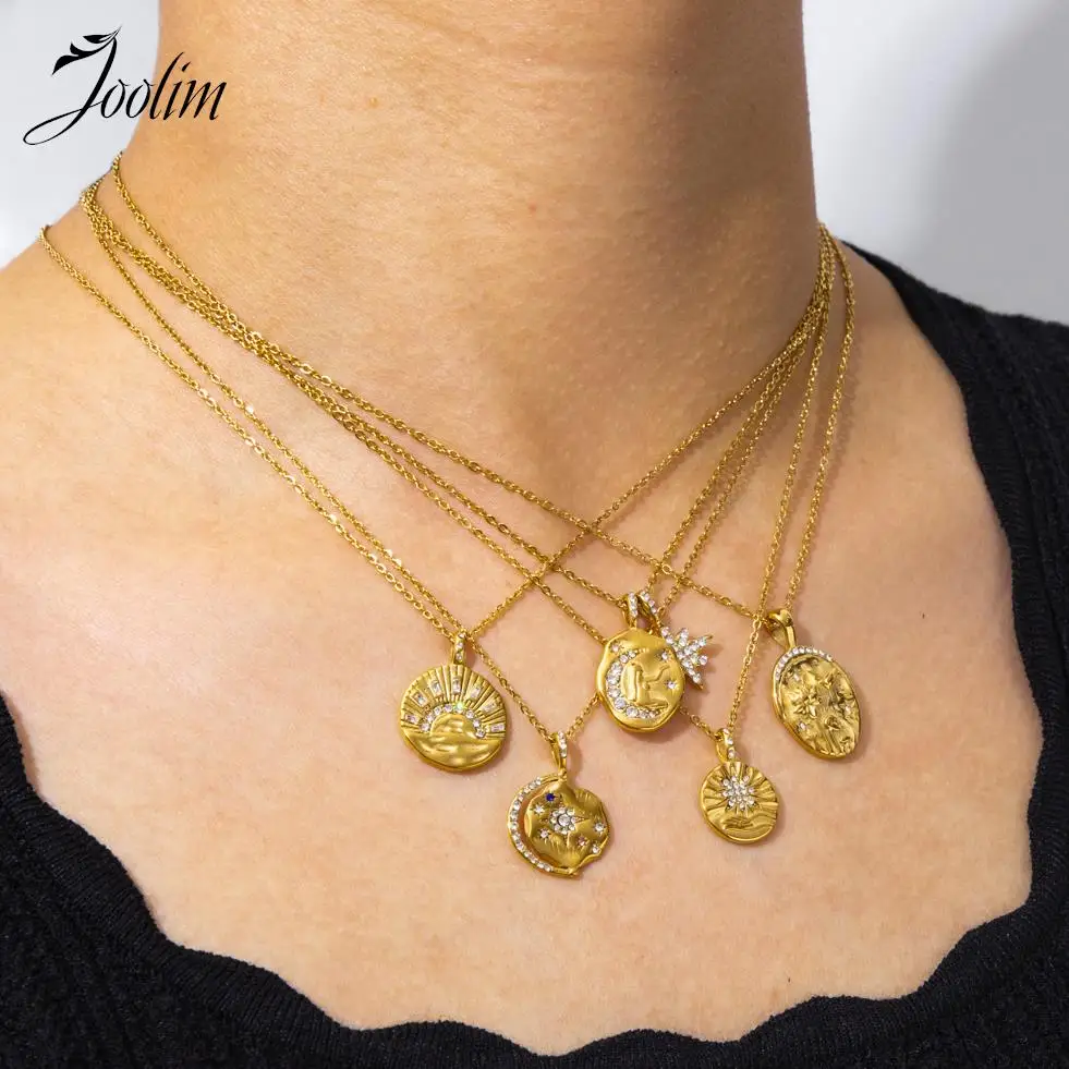 Joolim Jewelry Wholesale No Fade Elegant Vintage Crescent Star Sun Burst Zirconia Pendant Stainless Steel Necklace for Women