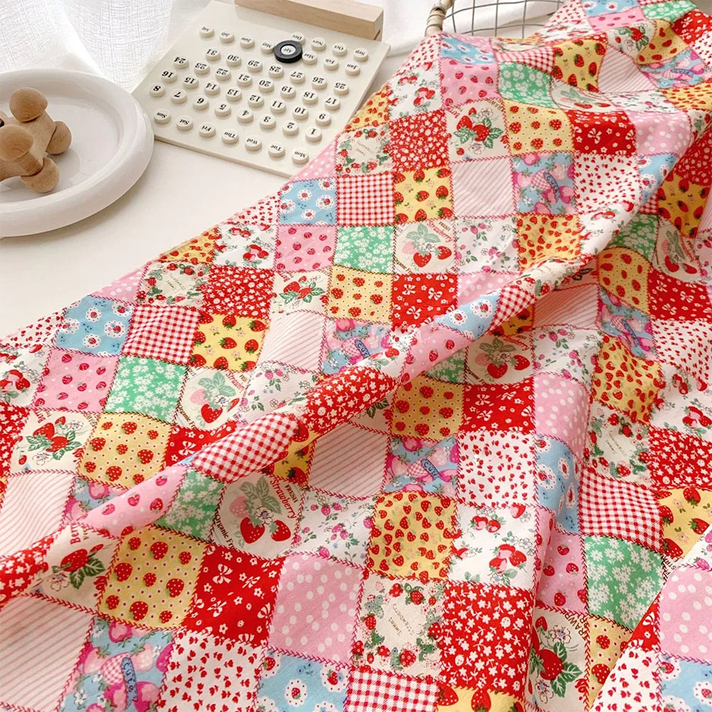 145cm Wide Strawberry Flowers Puzzle Cotton Fabric Patchwork Sewing Quilting Needlework Cloth Sewing Summer Dress Bedding Sheet