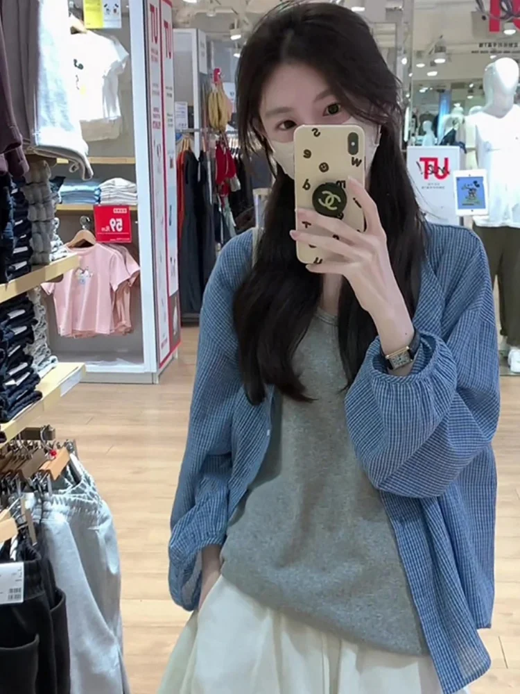 

Свободный повседневный синий клетчатый длинный свек для защиты от солнца, женский зимний новый легкий удобный дышащий топ