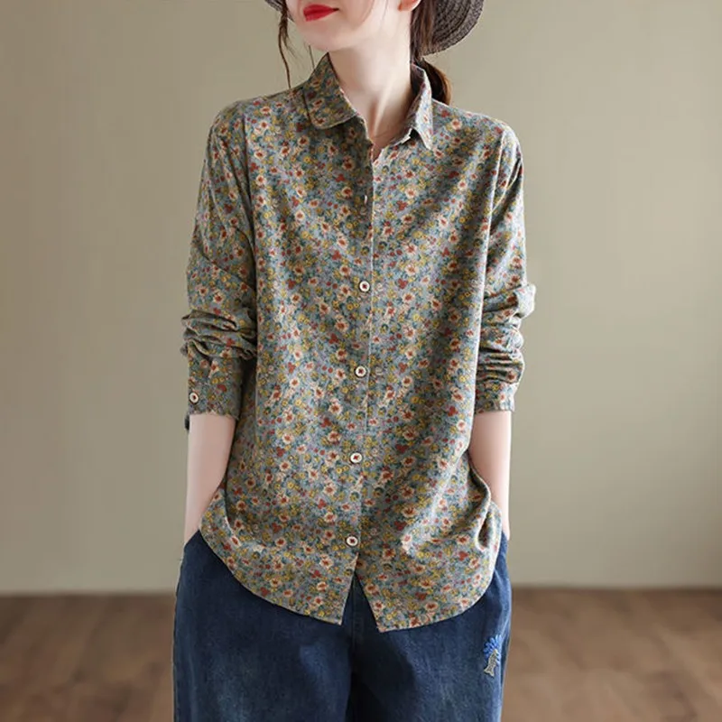 Women Long Sleeve Casual Shirts New Arrival 2022 Spring Vintage Style Floral Print Cotton Linen Ladies Elegant Tops B1575