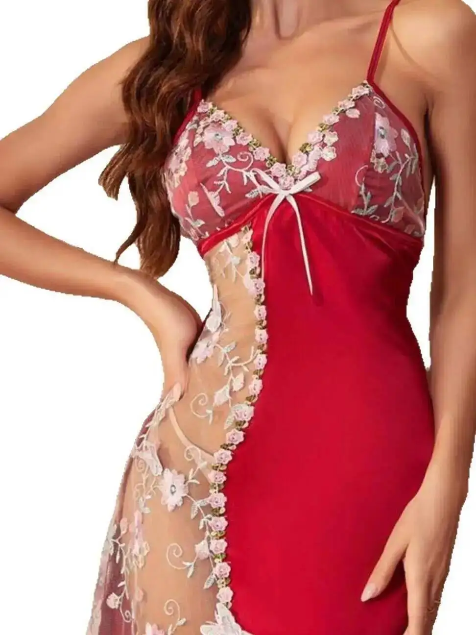 Frauen Neue Mode Sexy Spitze Backless Tiefem V Hosenträger Ärmellose Bowknot Mesh Spleißen Blume Stickerei Nachtwäsche Kleid OW04