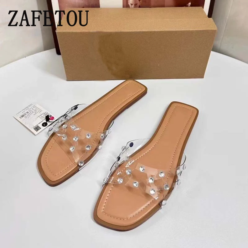 Zafetou Slippers Woman 2024 Summer New Products ladies shoes PVC Water Drill Square Toe Exposed Flat Bottomed Women's sandals