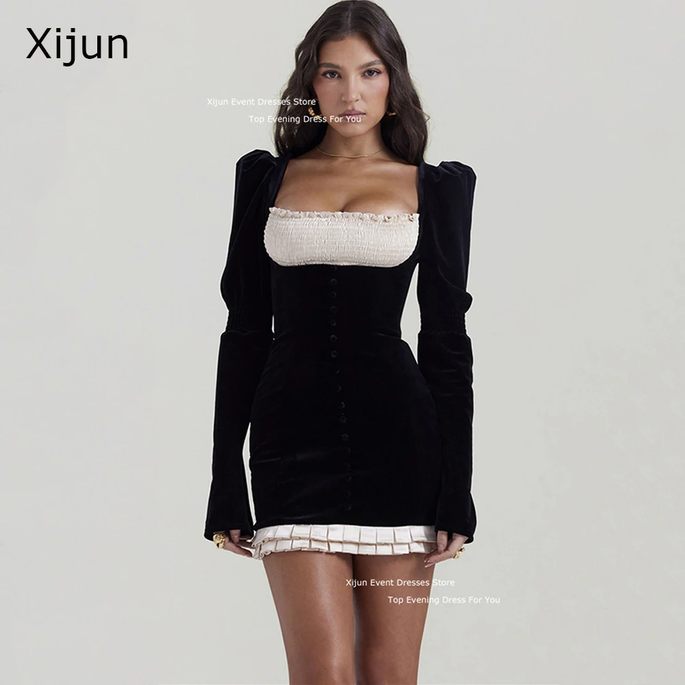 

Xijun Black And White Short Evening Dresses Full Sleeves Hcb Prom Dresses Square Collar Mini Prom Dresses Celebrity Party Dress