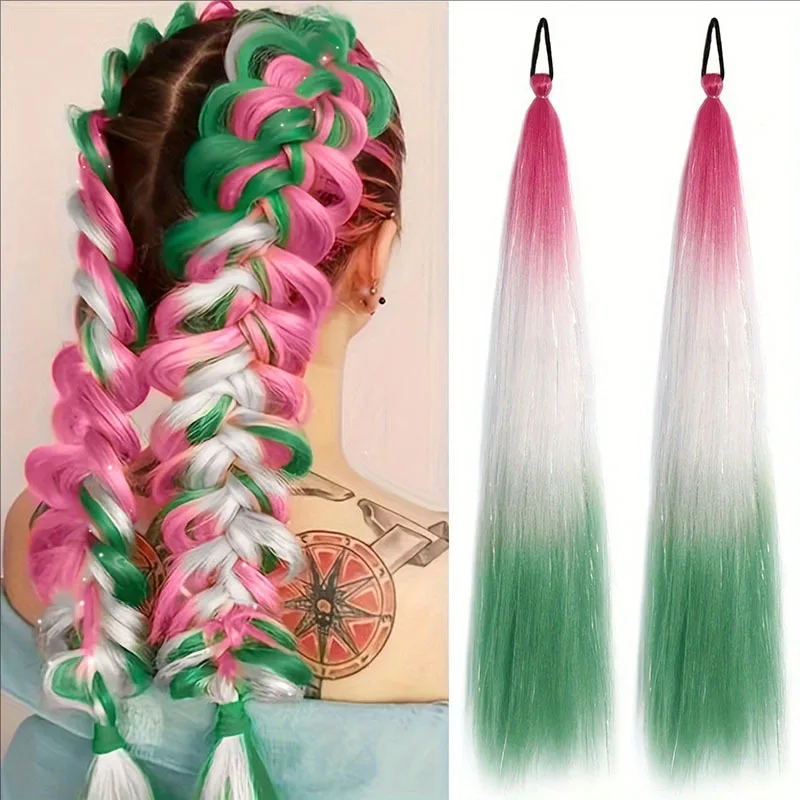 

2PCS Straight hair synthetic gold silk double ponytail wig women ponytail extension elastic rubber band wearing wig gradient