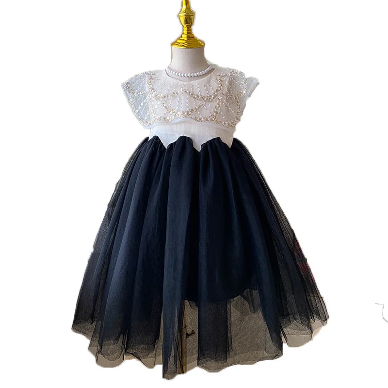 New Summer Kids Girls Elegant Dress, Square Neck Mesh Spliced Sleeveless Tulle Dress Princess Party Dress for 100-140cm