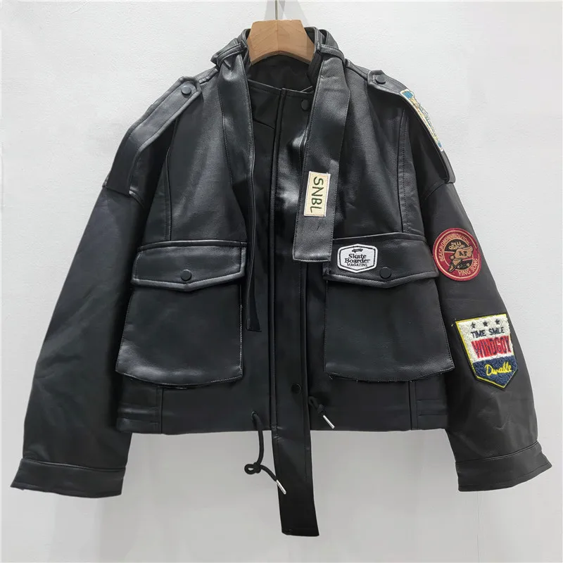 Kurtka motocyklowa Bla Biker, luźny krój, stójka, skóra PU, damska, wiosenno-jesienna, modna odzież wierzchnia, stylowa i wygodna.