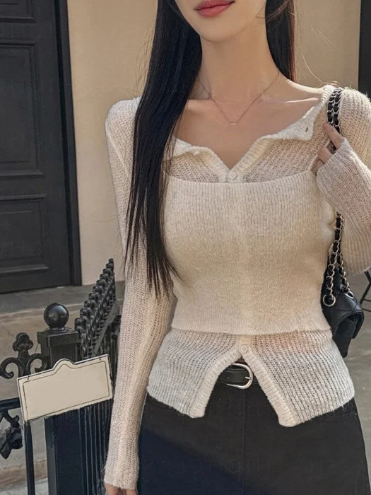 Women's Knitted Vest Cardigan Two-Piece Set Versatile High-Quality Fashion Ensemble Short Sleeve High Waist Polyester Fiber