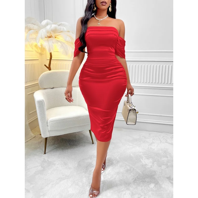 SHAN-Independent Station Hot Sale Sexy Style New Women's Clothing Summer Solid Color Slim off-Shoulder Pleated Dress Women