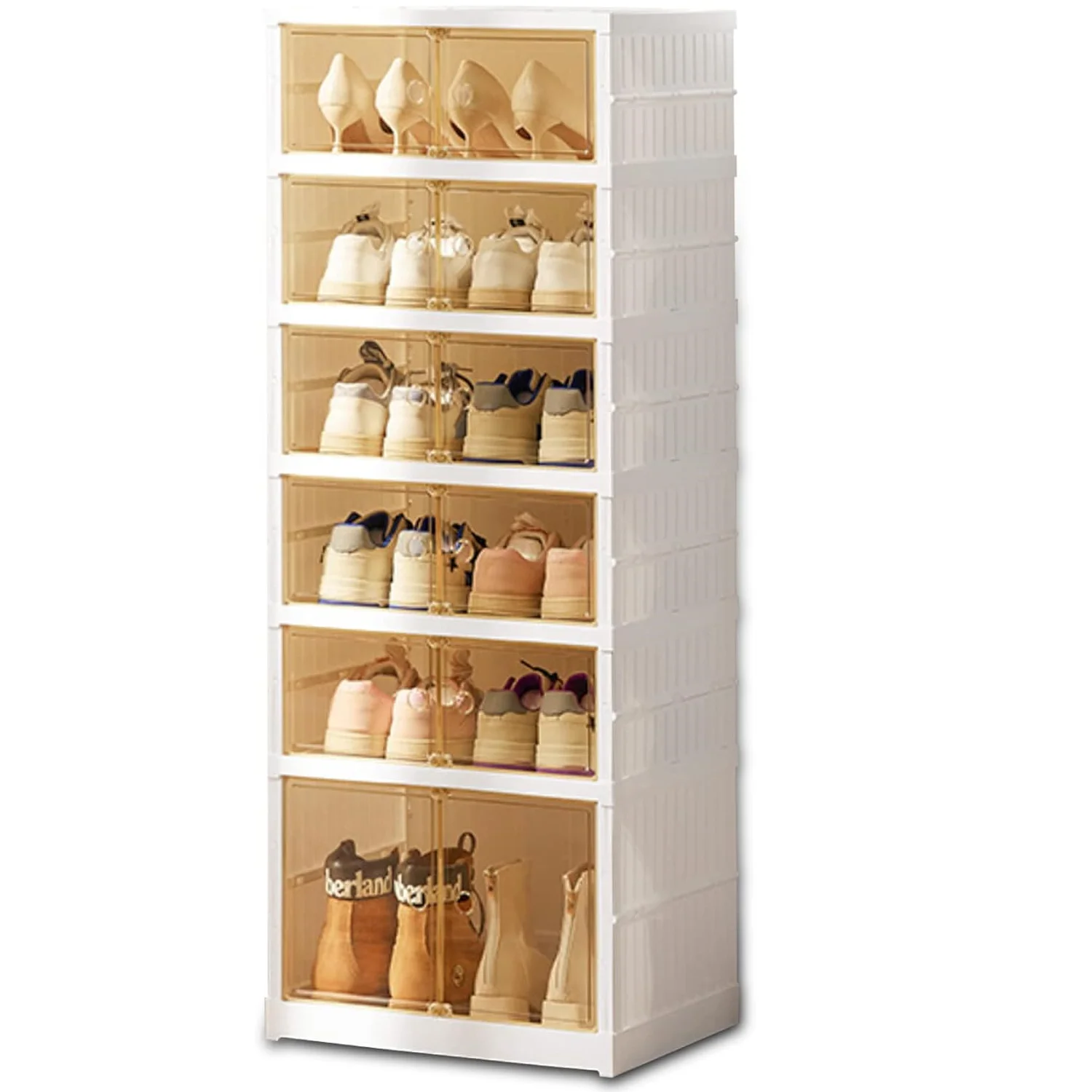 6-stufige, faltbare Schuhboxen aus Kunststoff, große Schuhboxen mit Türen, stapelbar für den Kleiderschrank, 44 × 34,5 cm