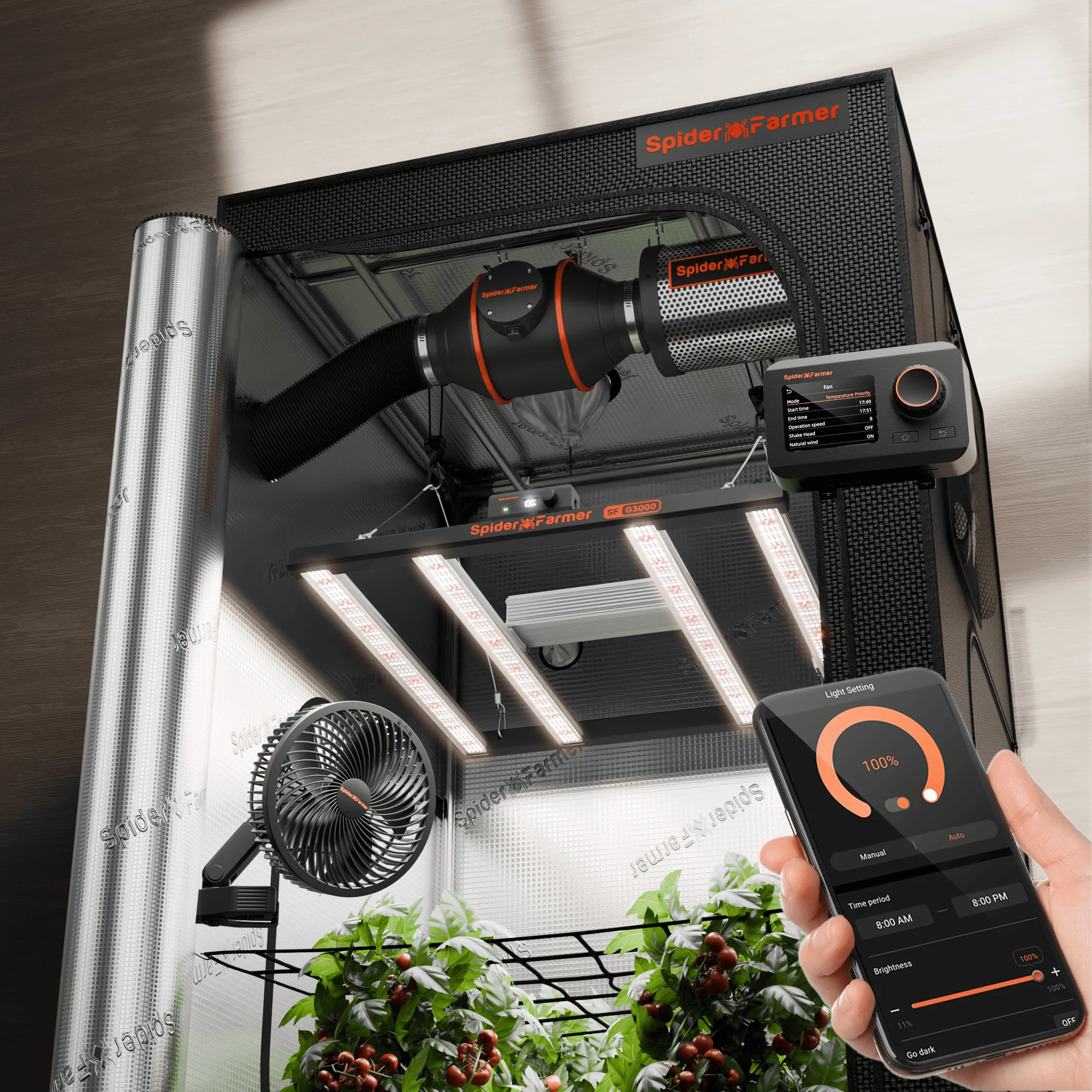 

2026 Spider Farmer 0.9x0.9x1.8m Smart Complete Grow Tent Kit+G3000 300W LED Grow Light+6” Clip Fan+GGS for Home Grow