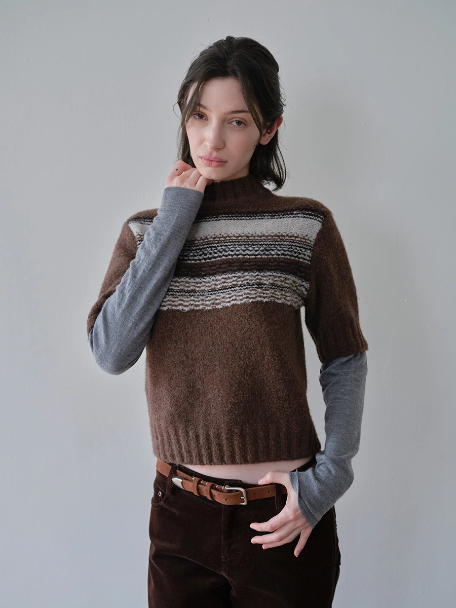 

Женский вязаный свитер DKZ с высоким воротником, имитация двухслойности, осенне-зимний, винтажный, с вышивкой, пэчворк, из смесовой шерсти, с длинными рукавами