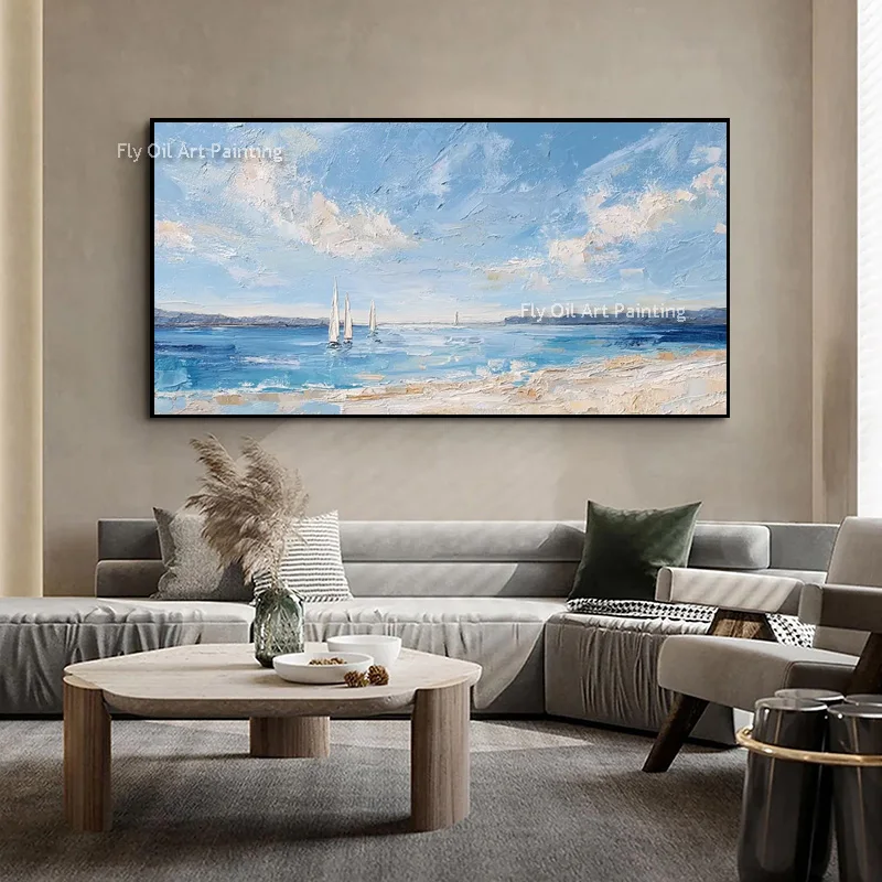 Bright Ocean Sailboat Impasto Oil Painting, Hand‑Painted Palette Knife Textured Canvas, Vivid Nautical Seascape Art